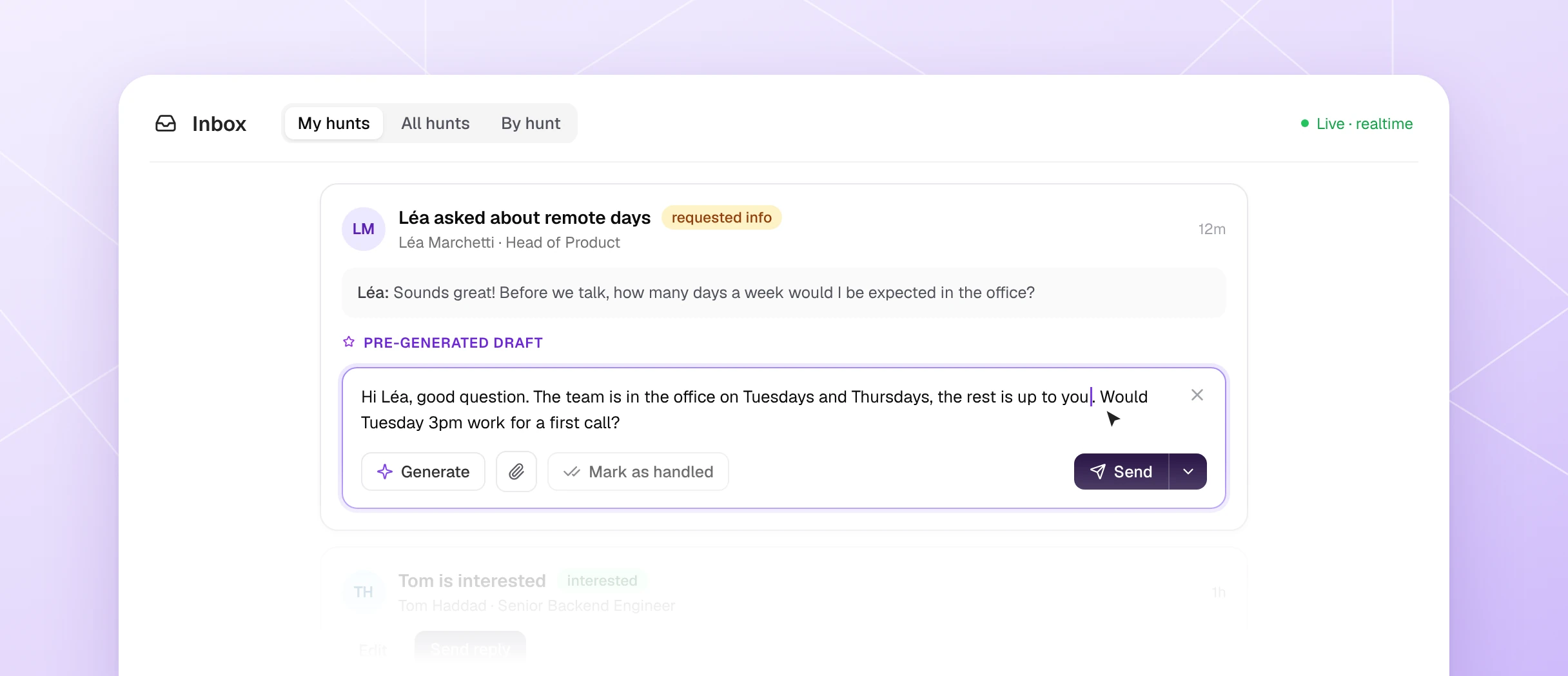 Umamy Inbox card with its drafted reply open in the composer, with Generate, attach and Send