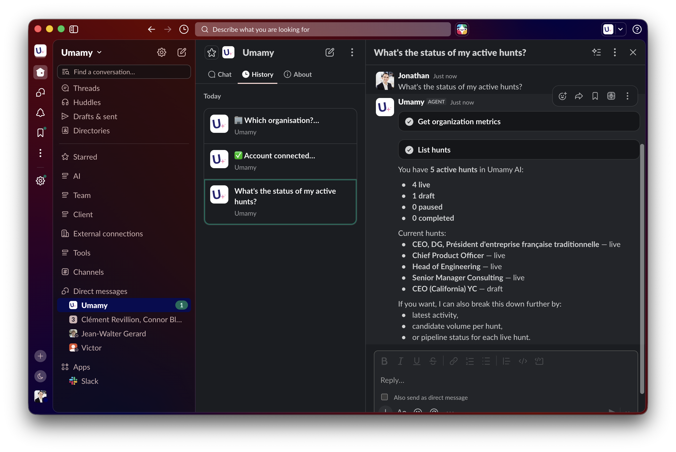 Umamy Slack notification interface showing candidate recommendations in DMs