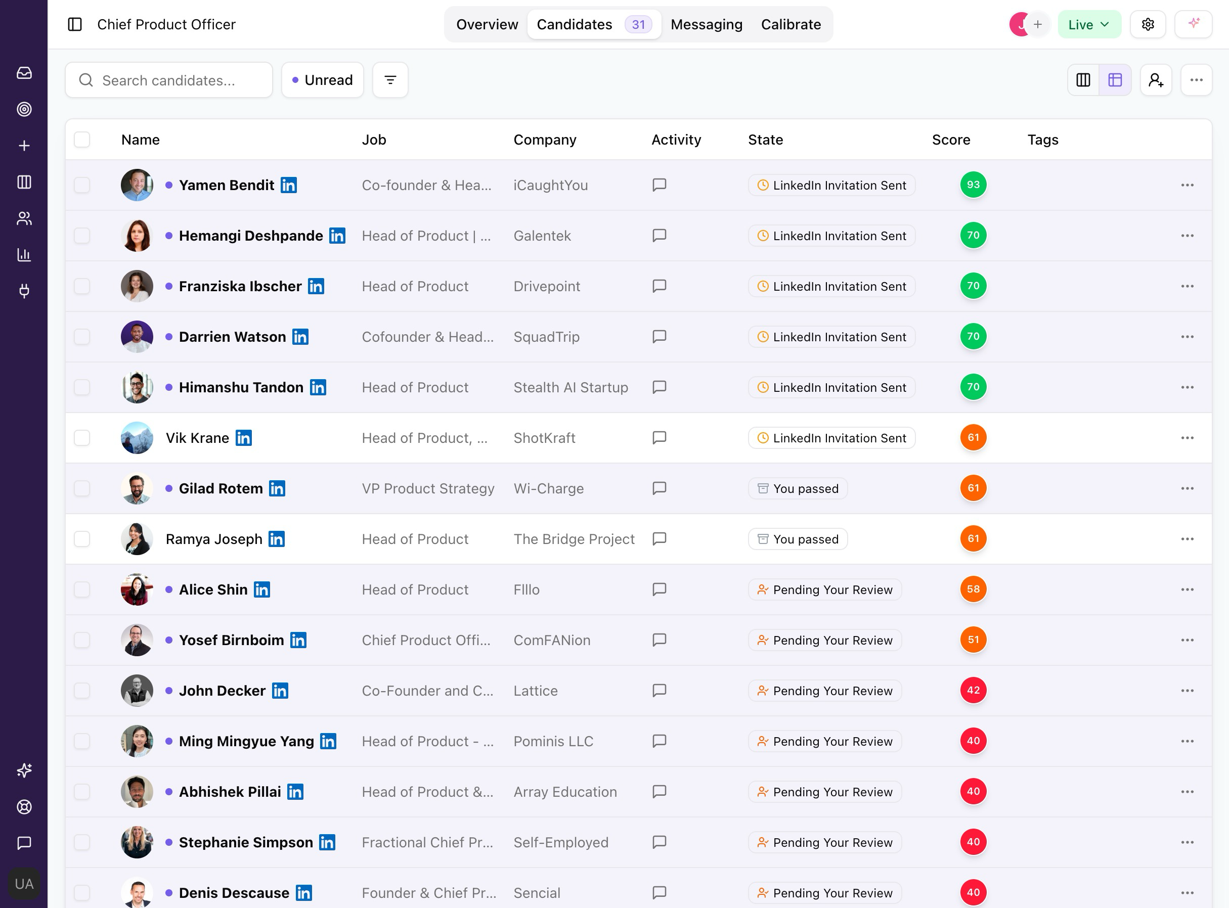 Umamy candidate table view showing list of candidates with scores and status
