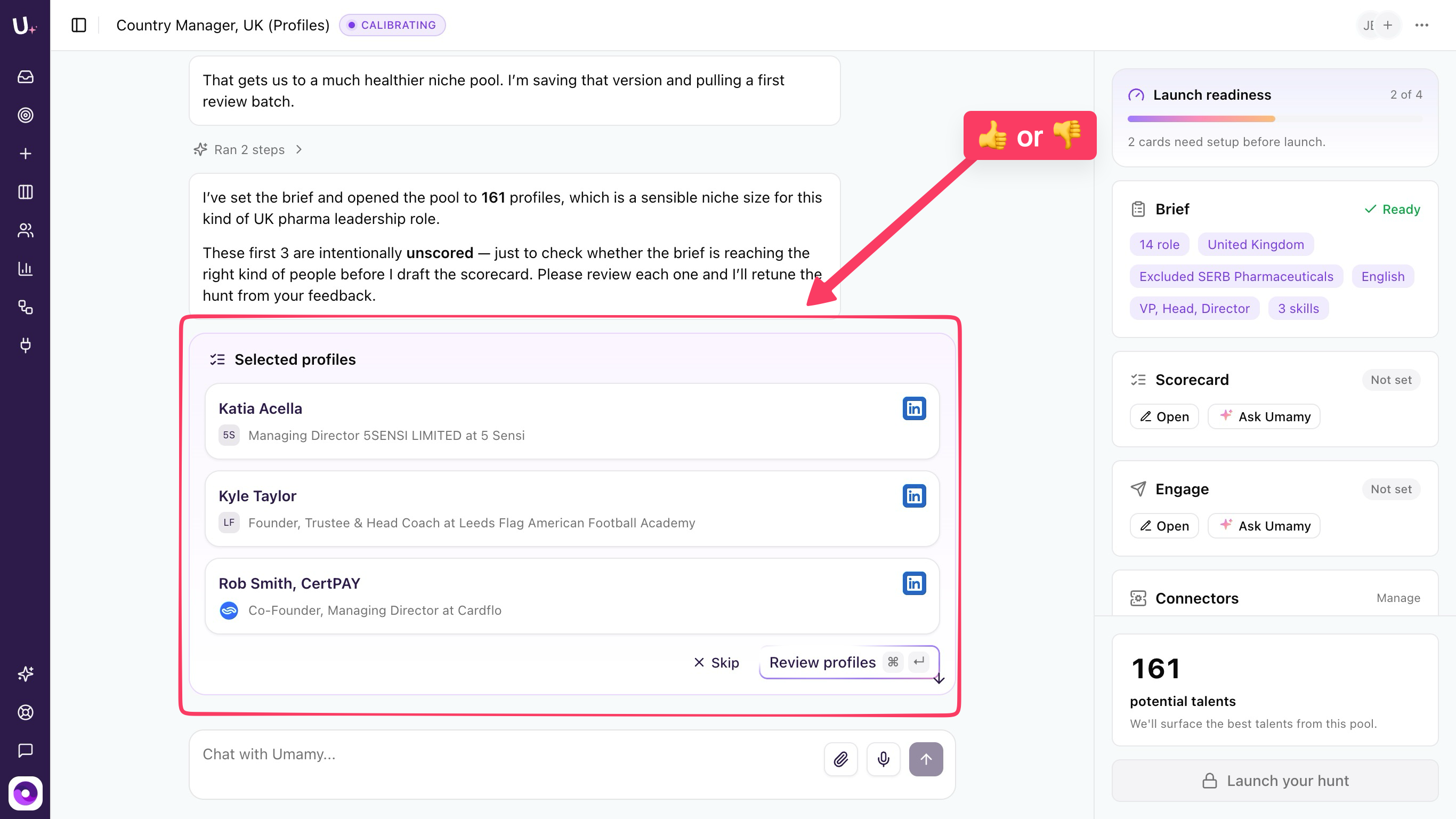 Umamy Talent Assessment — candidate review with the scorecard